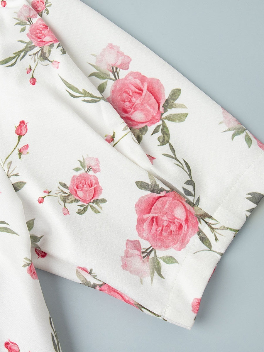 Waist Printed Floral Lapel Puff Sleeve Sweet Mini&Short Dresses