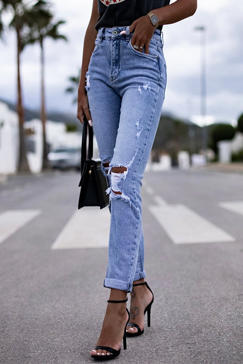 Trendy Distressed Stretch Ripped Denim Pants