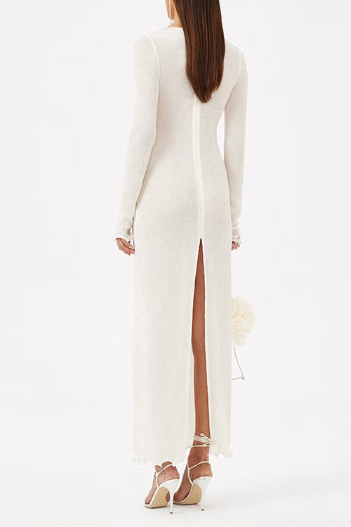 Long Sleeves Back Slit Floral Shirred Maxi Dress