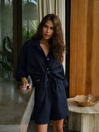 Pure Cotton Loose-fit Long-sleeved Shirt Loose Shorts Set 2-piece Sets