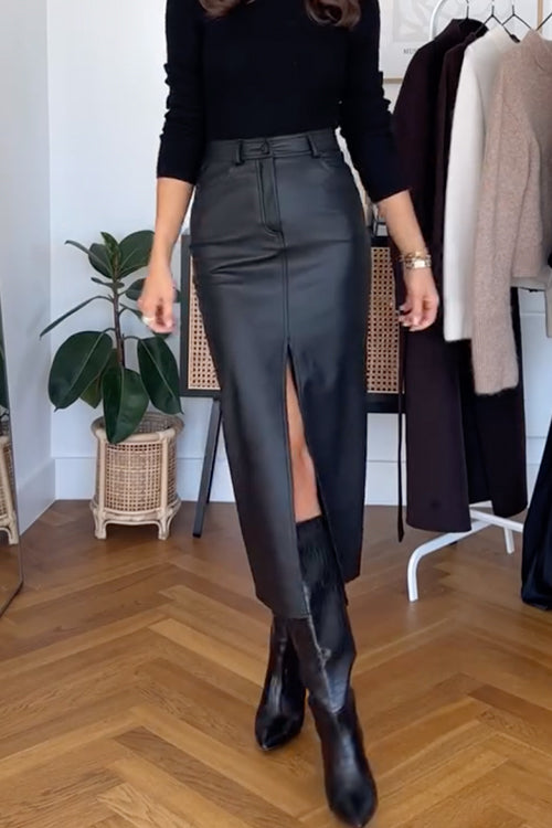 Slit Front Faux Leather Midi Skirt
