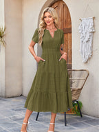 V-neck, Gathered, Puff Sleeve, Full Skirt, Short-sleeved Long Dress