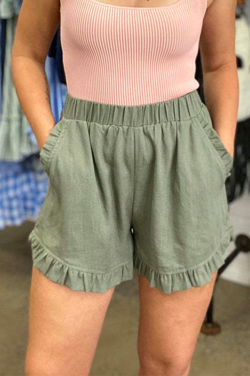 Elastic Waist Wide Leg Ruffle Cotton Linen Shorts