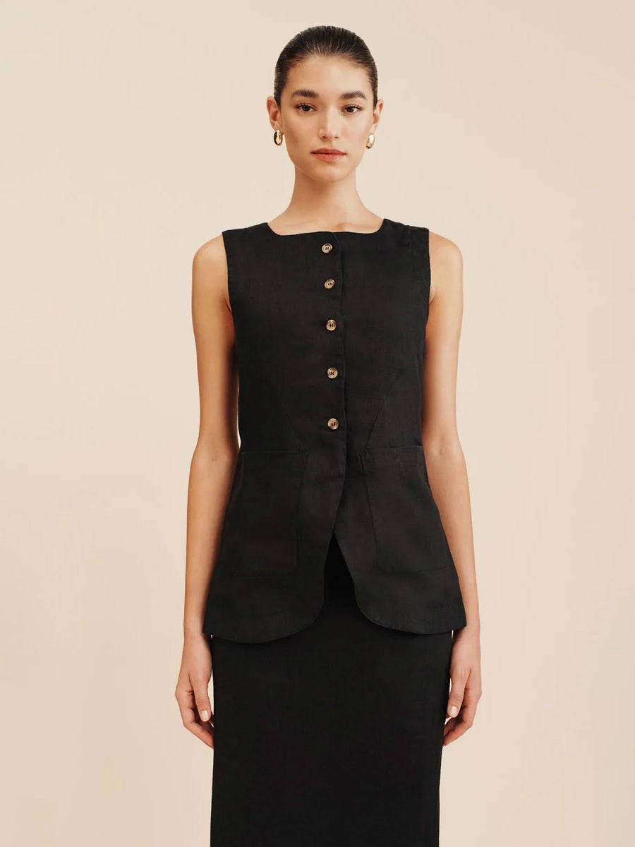 Flax High-waisted Sleeveless Vest Skirts Set 2-piece Sets
