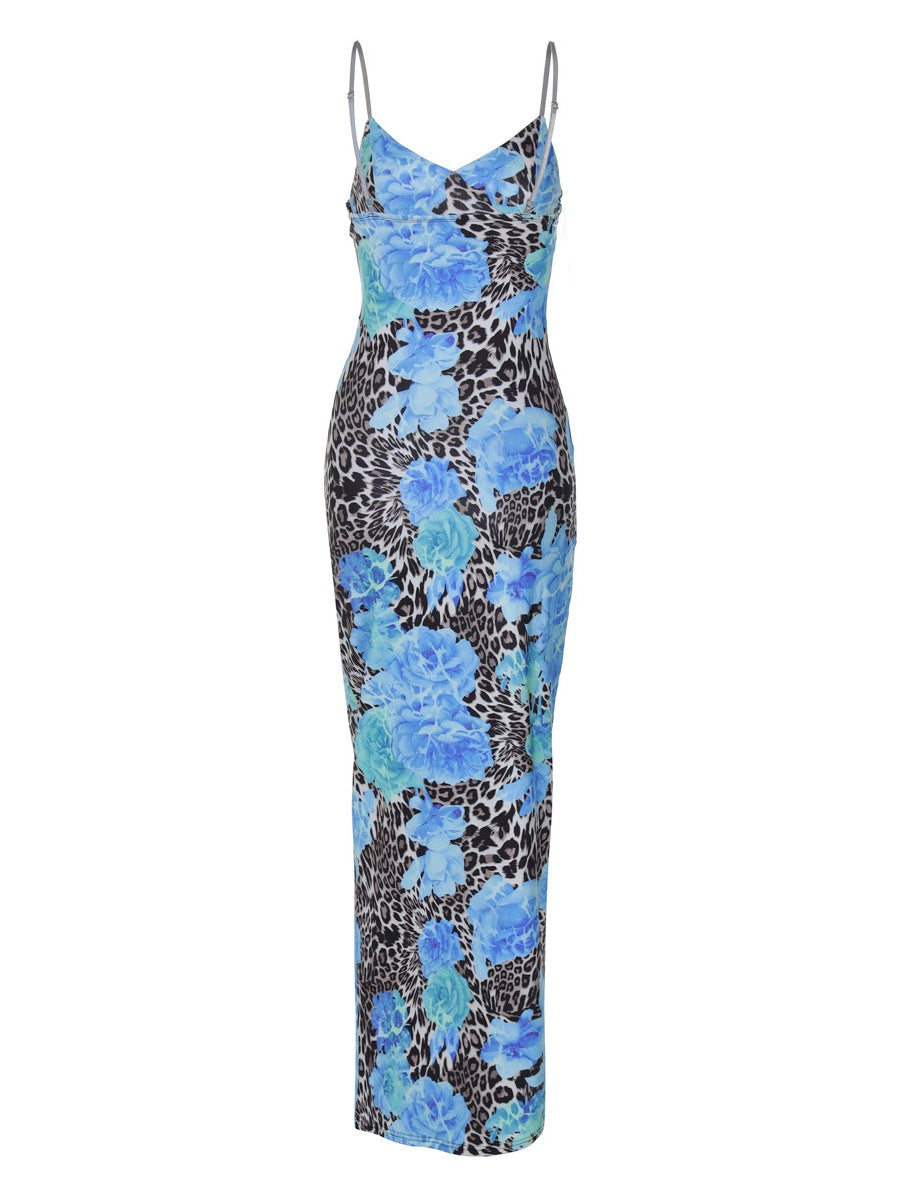 Fitted Floral Leopard Print Halter Maxi Dress