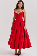 Strapless Plunging V-Neck Corset Bodice Box Pleat A-Line Midi Dress