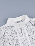 Lace Crochet Stand Collar Slim-fit Long Sleeve Sheer Top