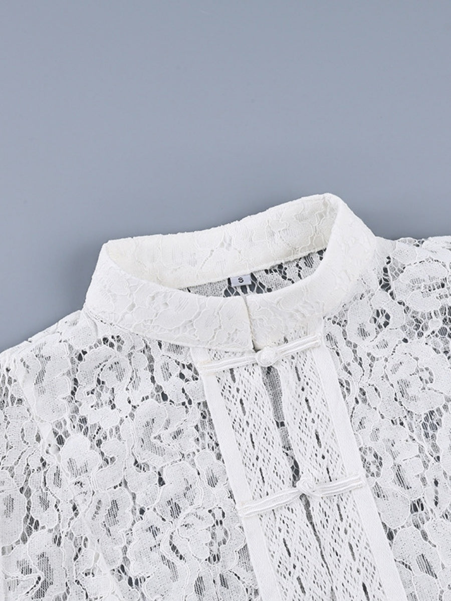 Lace Crochet Stand Collar Slim-fit Long Sleeve Sheer Top