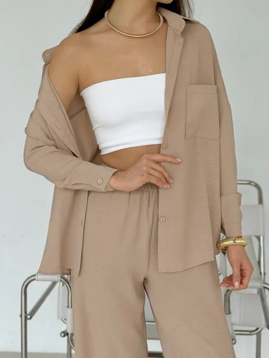 Solid Color Cardigan With Pockets, Casual Wide-leg Trousers 2-piece Sets