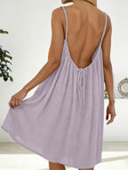 Ice Silk Linen Backless Halter Solid Color Midi Dress