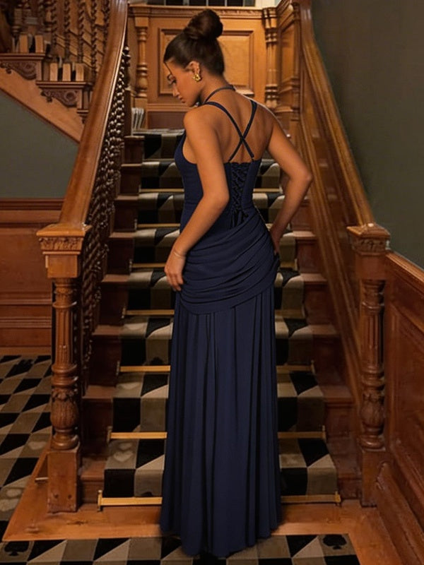 Solid Color Sleeveless Long Bodycon Dress With Back Tie Design