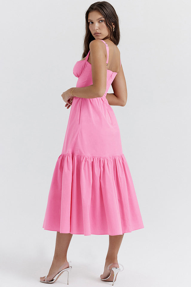 Sweetheart Bustier Wide Strap Floral Tiered Ruffle Midi Dress