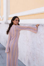 Pilar Chic Boho V Neck Bell Sleeve Maxi Dress, Wavy Striped Crochet Beach Holiday Dress Evening Wear Edit