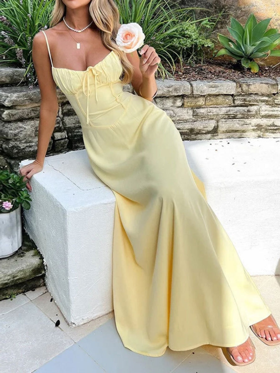 Solid Color Lace Up Waist Temperament Maxi Dresses