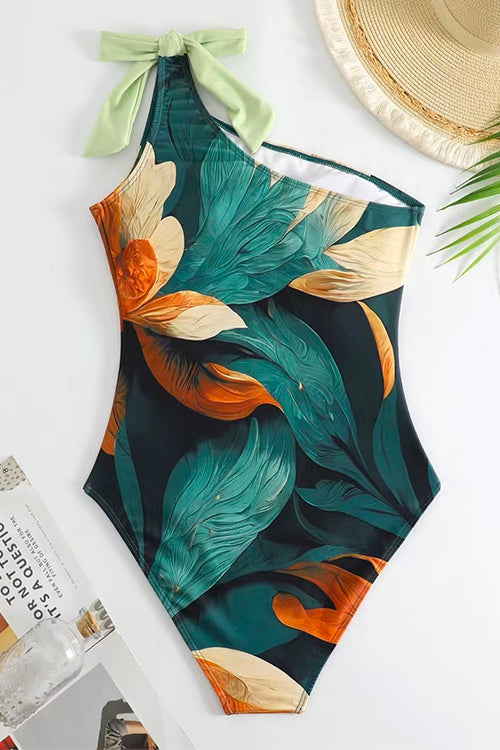 Bow One Shoulder One-piece Swimsuit Ruffle Cover Up Skirt Printed Set