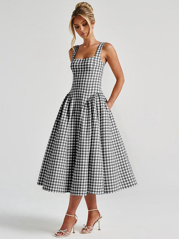 Plaid Print, Fitted Waist, Sexy Backless Halter Maxi Dress