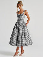 Plaid Print, Fitted Waist, Sexy Backless Halter Maxi Dress