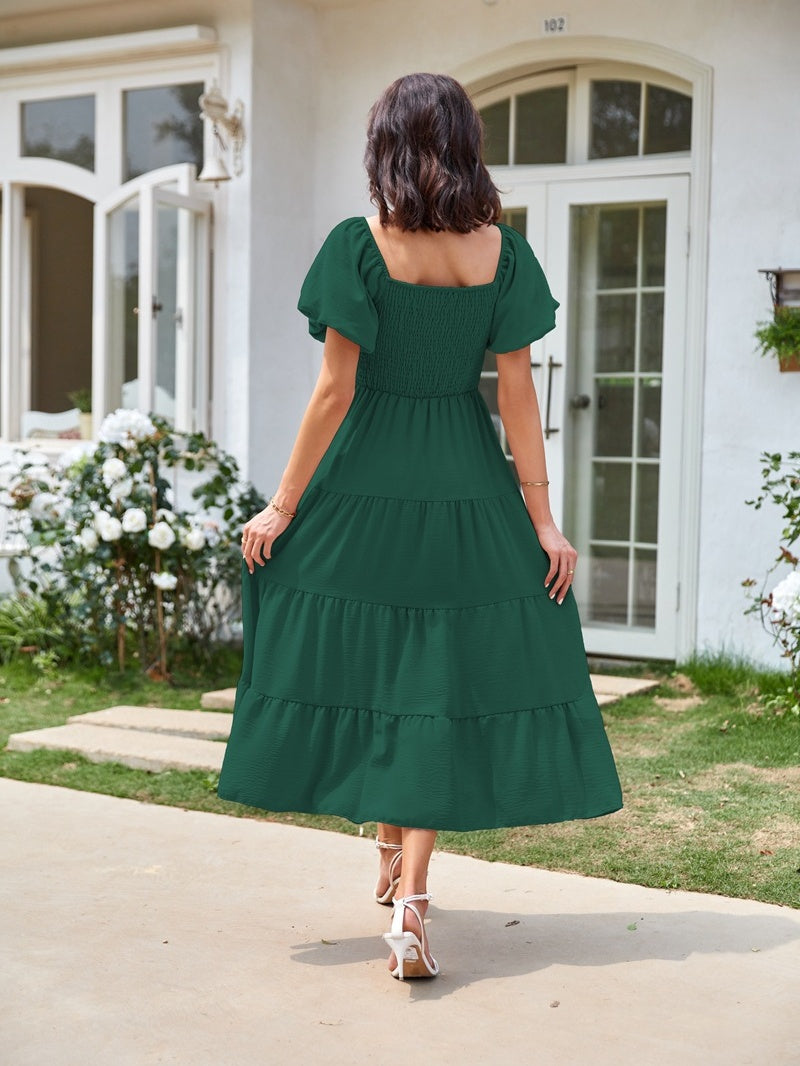 Square Neck, Backless, Puff Sleeve, Pleated Short-sleeved Long Dress