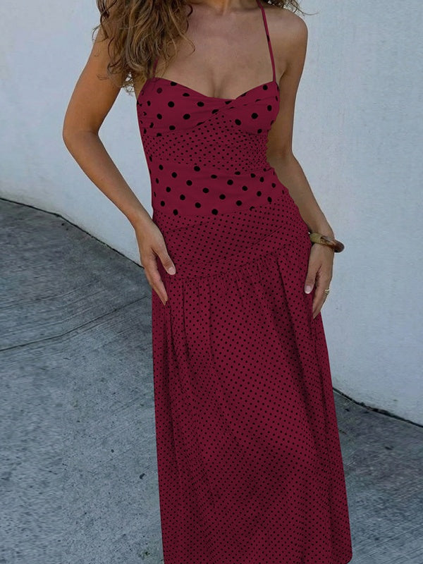 Polka Dot Retro Pleated Long Dress With A Halter Neck