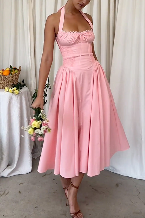 Bow Knot Halter Lace-up Swing Midi dress
