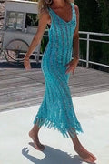 Hollow Out Sleeveless Tassel Beach Cover Up Dress