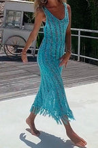 Hollow Out Sleeveless Tassel Beach Cover Up Dress