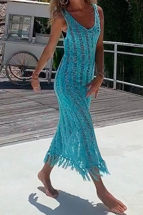 Hollow Out Sleeveless Tassel Beach Cover Up Dress