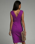 Deep V-Neck Pleated Shoulder Wrap High Split Midi Dress