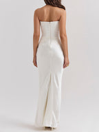 Satin Belted Strapless Off-the-shoulder Fishbone Pleated Long Bodycon Dress
