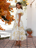 Printed Puff Sleeve Sweetheart Collar Vacation Maxi Dresses