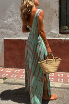 V Neck Sleeveless Cut Out Waist Side Slit Tie Dye Maxi Dress