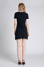 Contrast Trim Knit Mock Pocket Button Detail Mini Dress