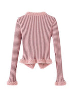 Solid V Neck Fuzzy Trim Slim Ribbed Knit Cardigan