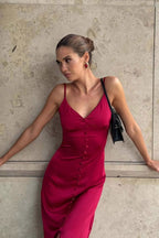 Satin Spaghetti Strap V-Neck Button Front Slip Midi Dress