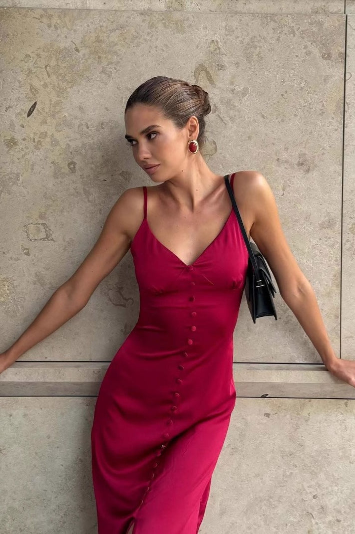 Satin Spaghetti Strap V-Neck Button Front Slip Midi Dress