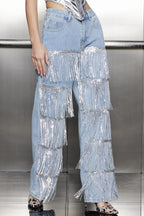 Stylish High-waisted Pocket Tassel Casual Straight Leg Jeans