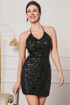 Sequin Halter Neck Deep V-Neck Side Cut Out Back Mini Dress