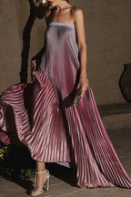 Satin Pleated Strapless Column Maxi Dress