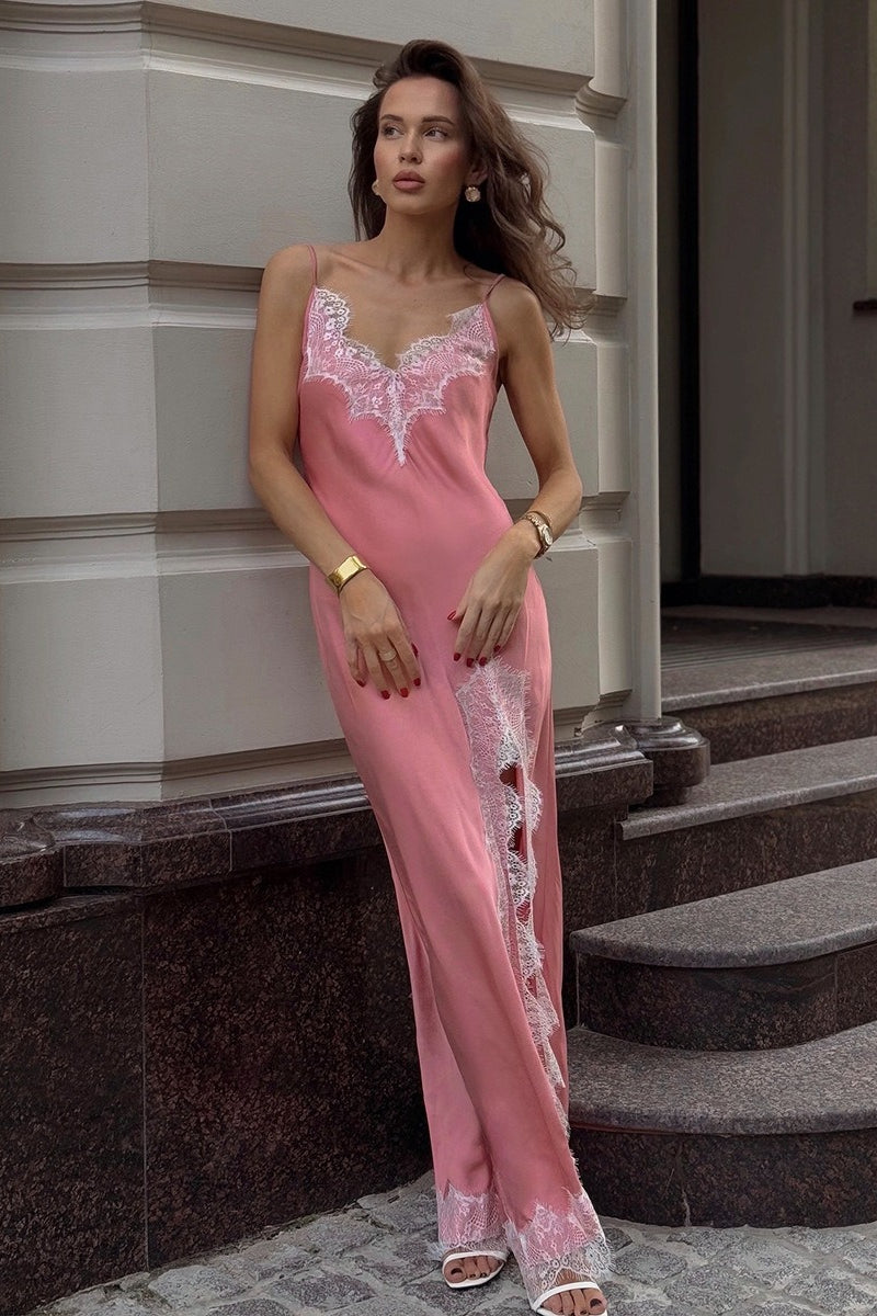Satin Lace Trim Spaghetti Strap Deep V-Neck High Split Maxi Slip Dress