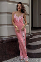 Satin Lace Trim Spaghetti Strap Deep V-Neck High Split Maxi Slip Dress