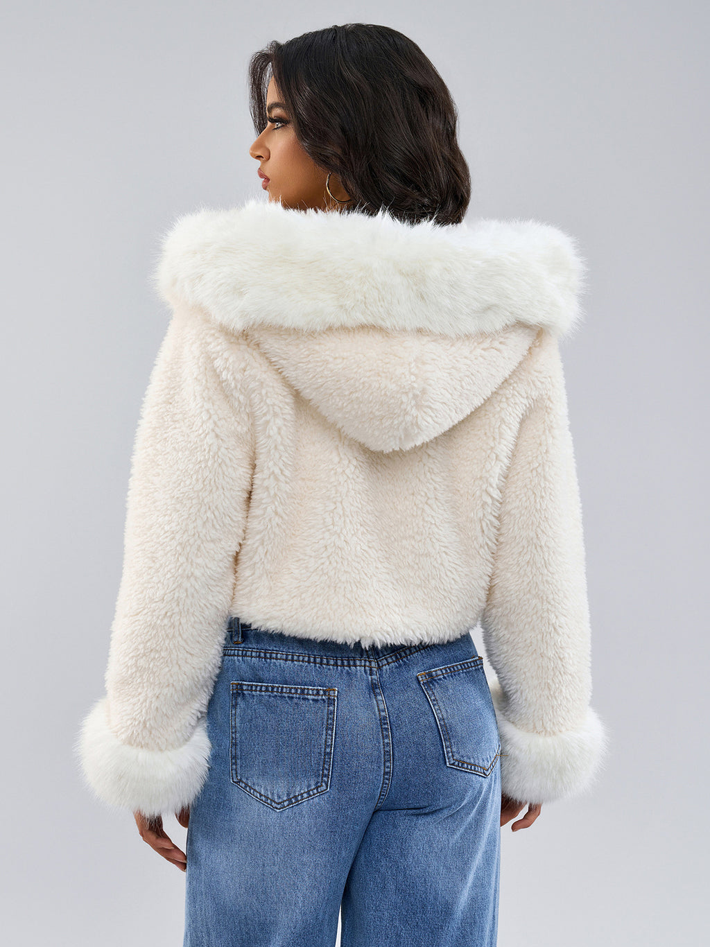 Hooded Faux Fur Coat In White Eco-friendly Winter Cropped Jacket For Women 2026