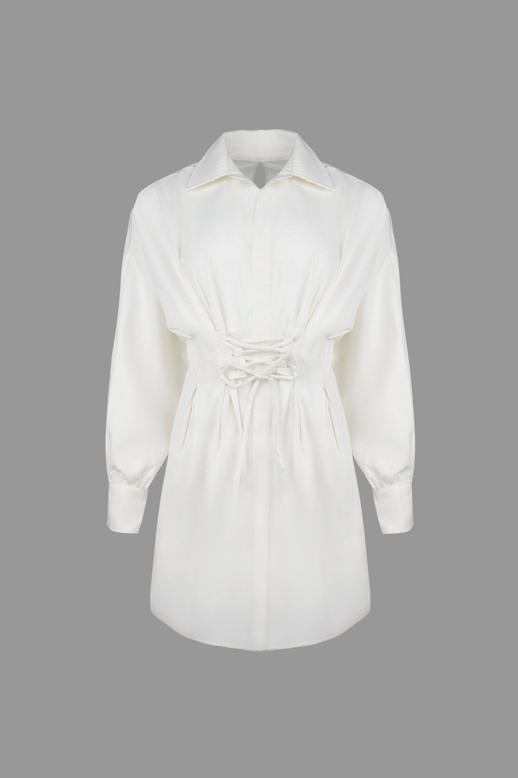 Pointed Collar Puff Sleeve Lace-Up Corset Waist Shirt Mini Dress