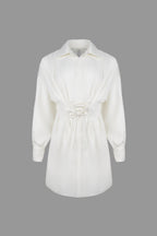 Pointed Collar Puff Sleeve Lace-Up Corset Waist Shirt Mini Dress