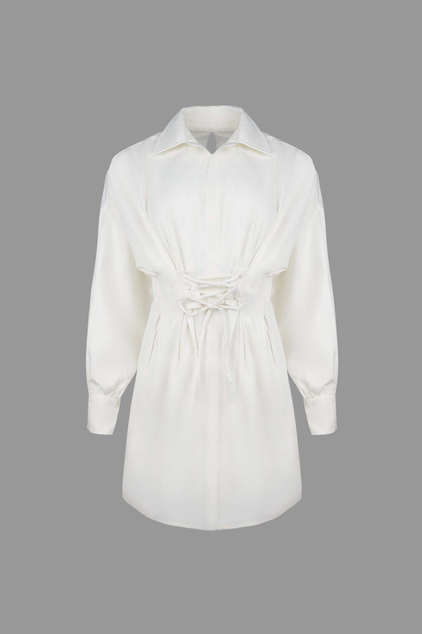 Pointed Collar Puff Sleeve Lace-Up Corset Waist Shirt Mini Dress