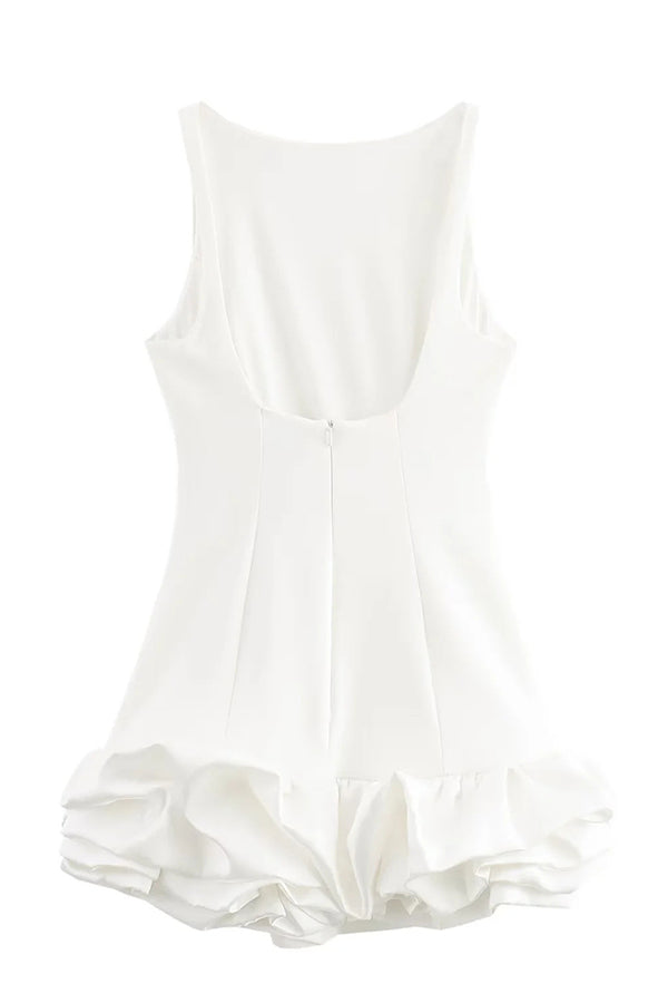 High Neck Sleeveless Sculpted Ruffle Bubble Hem Mini Dress