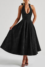 Jacquard Halter Neck Deep V-Neck Bustier Pleated A-Line Midi Dress