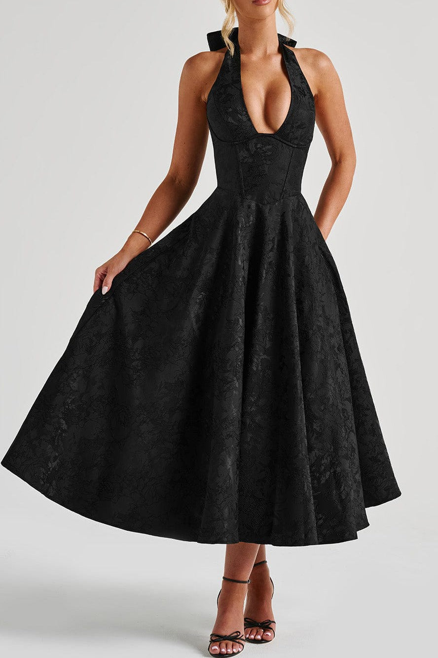 Jacquard Halter Neck Deep V-Neck Bustier Pleated A-Line Midi Dress