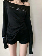 Letter Print One Shoulder Thin Long Sleeve Tee