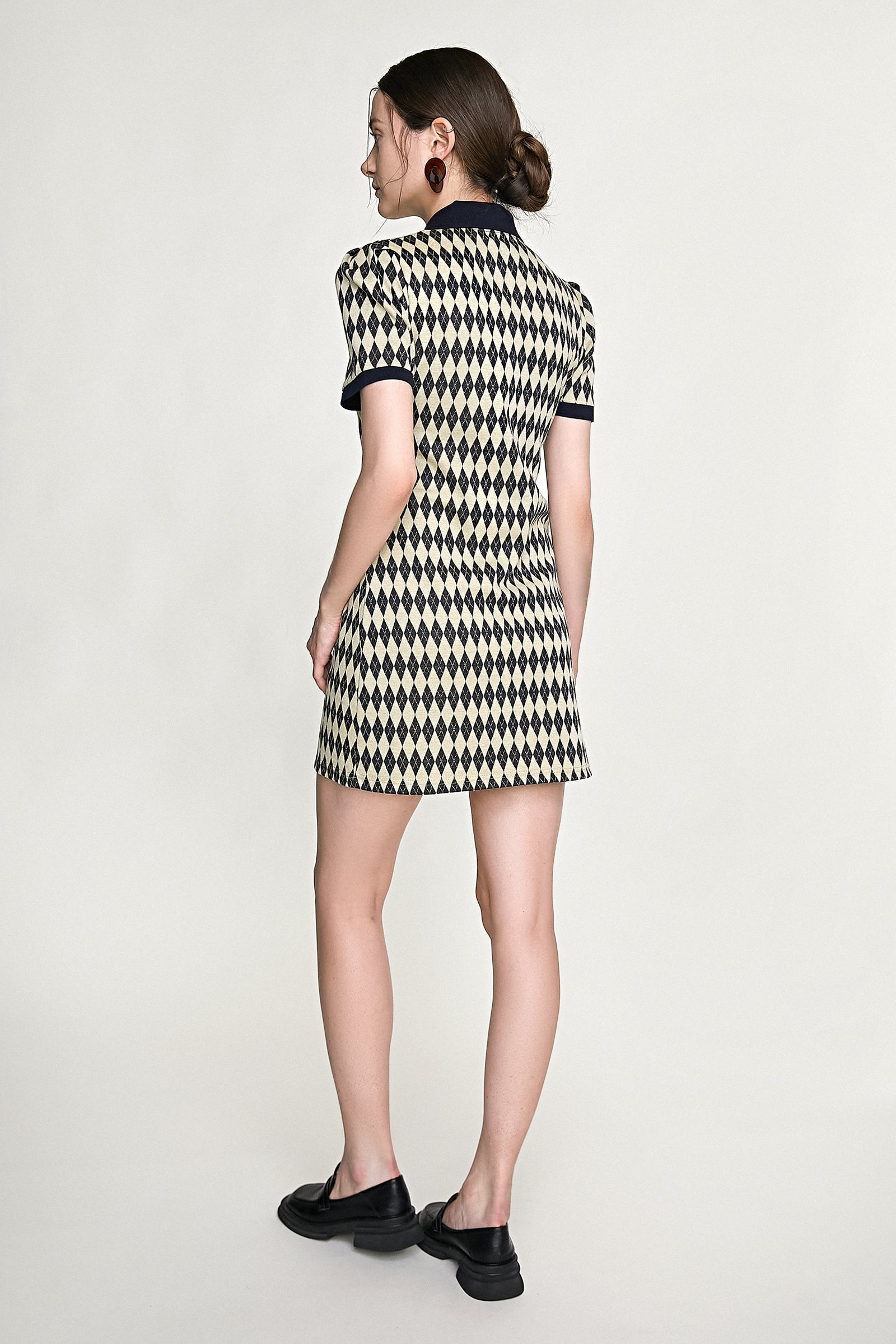 Diamond Argyle Knit Polo Collar Button Front Puff Sleeve Mini Dress