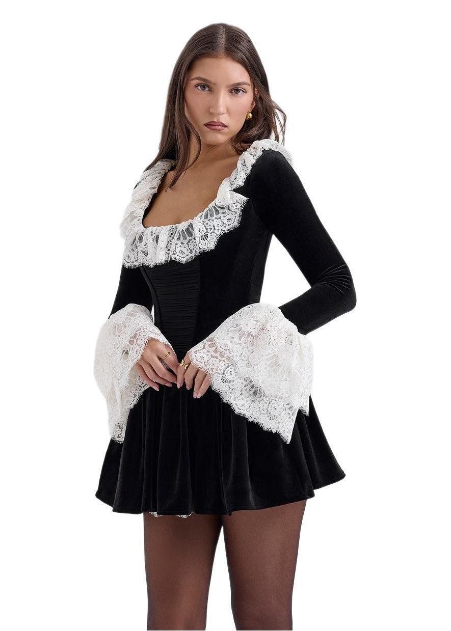 Velvet Lace Ruffle Collar Bell Cuff Ruched Corset Mini Dress